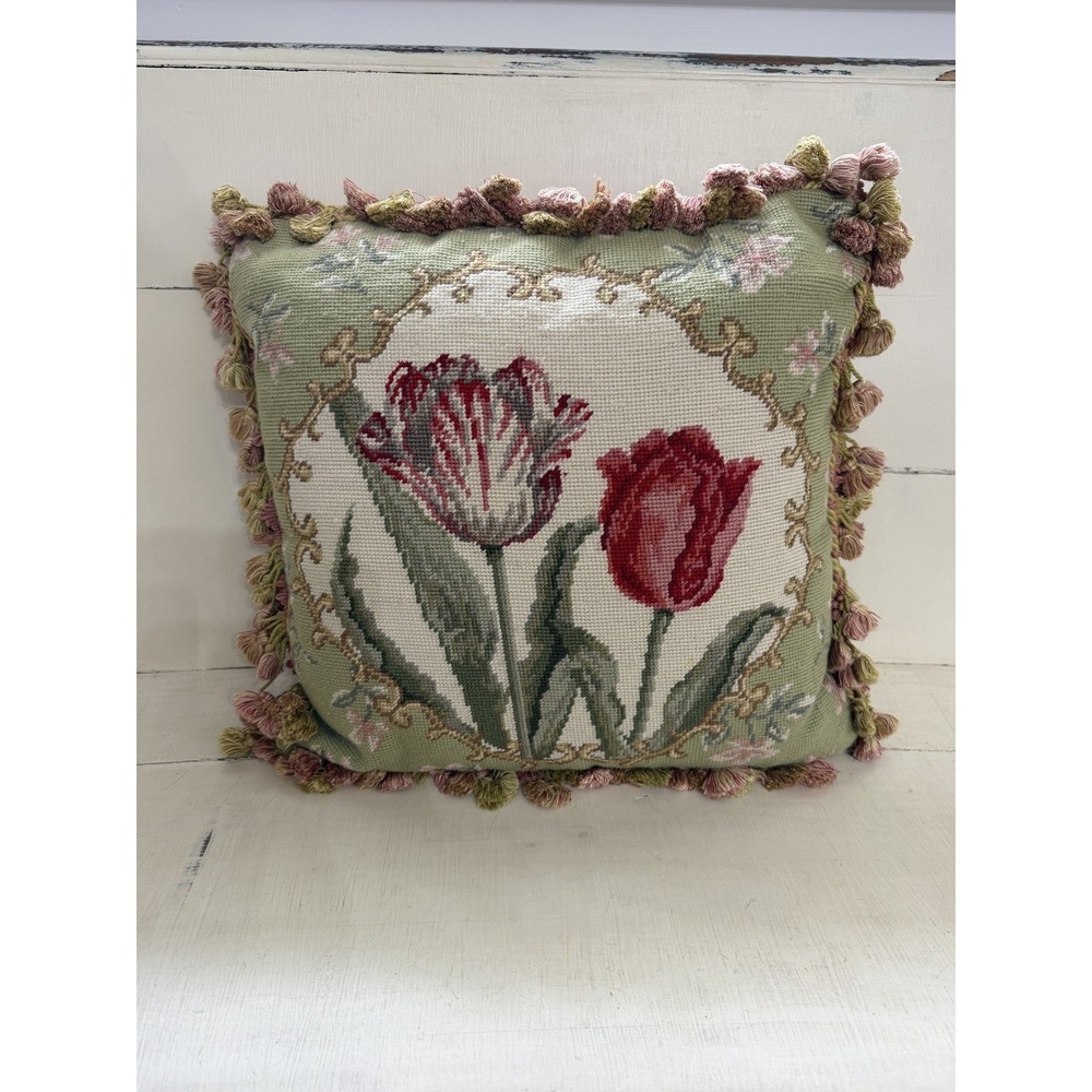 123 Creations Needlepoint French Country Tulip Pattern 18" Pillow Cottagecore
